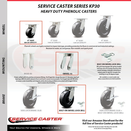 Service Caster 4 Inch Kingpinless Phenolic Wheel Caster Swivel Locks 2 Brakes SCC, 4PK SCC-KP30S420-PHR-SLB-BSL-2-BSL-2